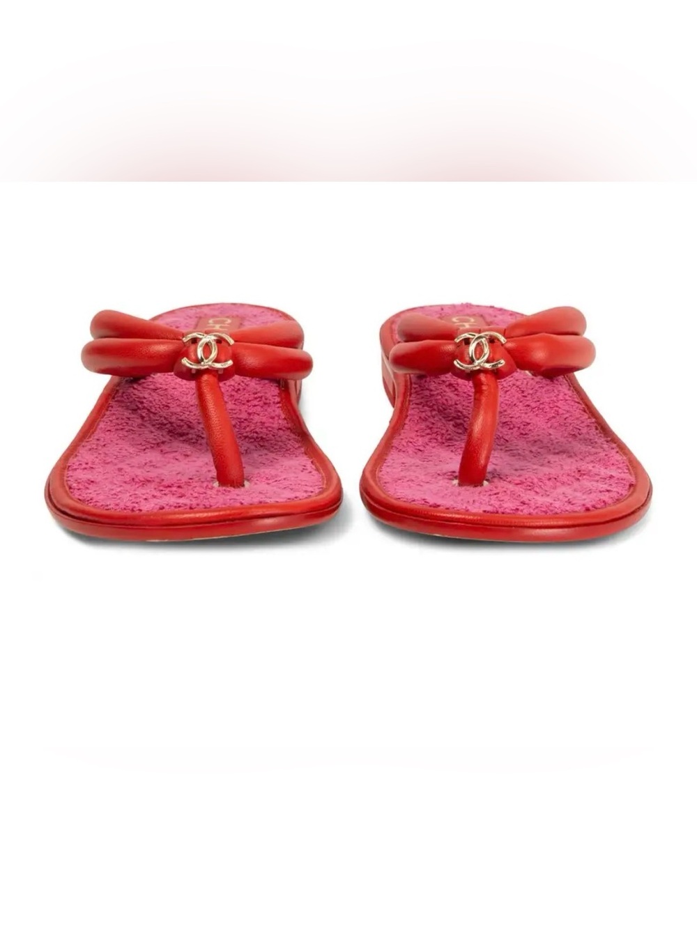 CHANEL red leather & pink terry cloth FLAT THONG Sandals Shoes 38
